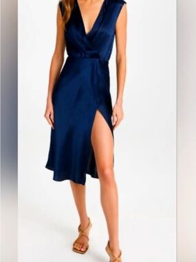 Amanda Uprichard Deep Navy Wrap Midi Dress with Side Slit